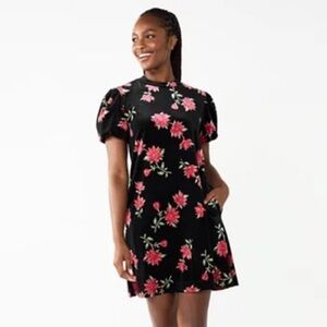Draper James RSVP New Size M Short Sleeve Mockneck Velvet Dress Black Red Floral